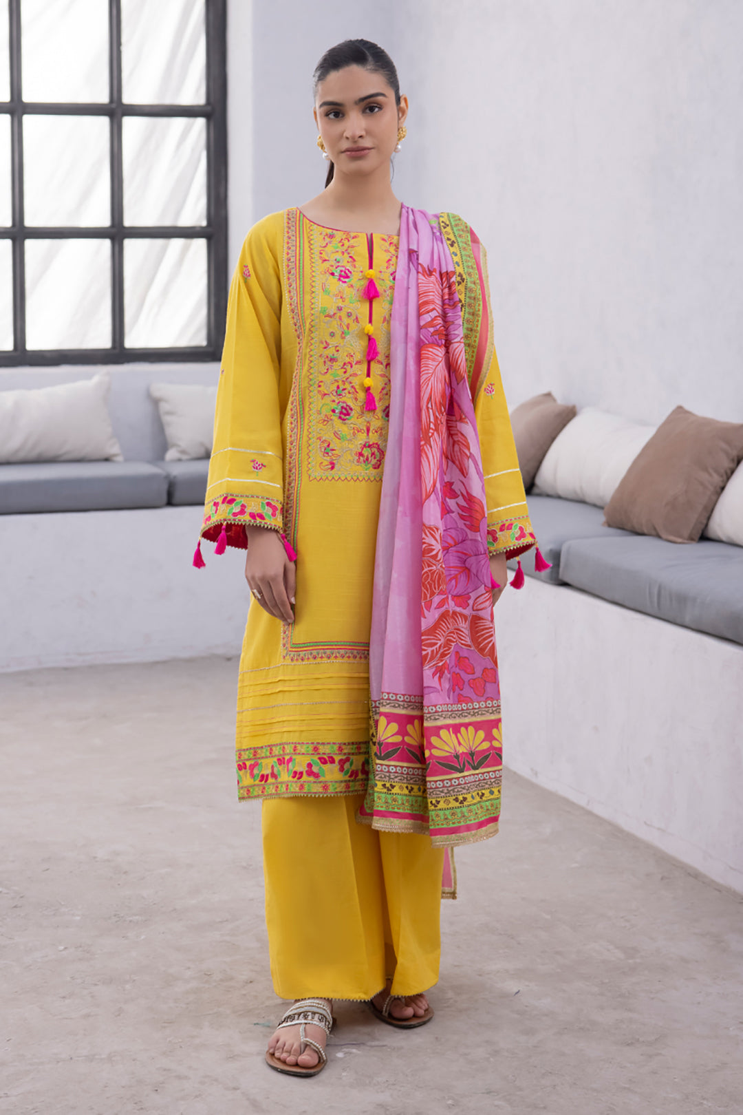 Zellbury | Unstitched 3 Piece Yellow | Embroidered Shirt Shalwar Dupatta - 1126